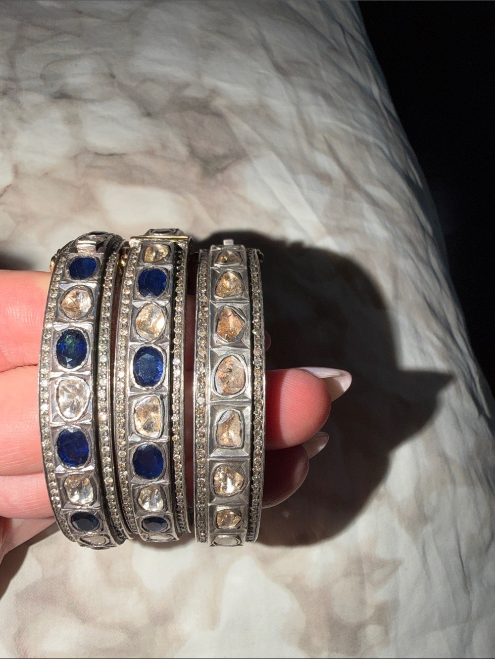Vintage-Inspired Silver Bangle Set with Blue and Champagne Stones